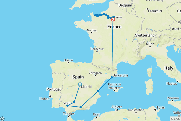 Map of The Best of Spain with Paris to Normandy
