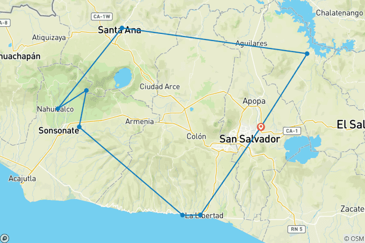 Karte von 8 Tage Das Wesentliche von El Salvador: Maya-Kultur, Vulkane und Strände