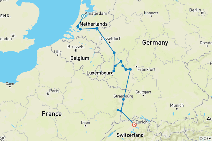 Carte du circuit Amsterdam avec les châteaux du Rhin et les vignobles de la Moselle 2026 - 13 jours (16 destinations)