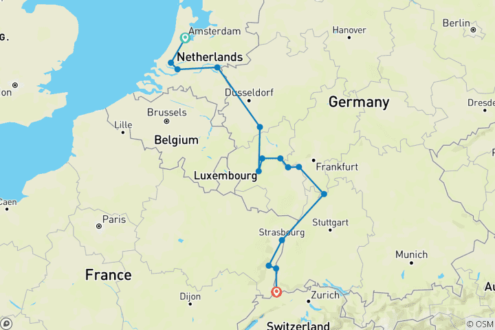 Carte du circuit Amsterdam avec les châteaux du Rhin et les vignobles de la Moselle 2026 - 13 jours (including Breisach)