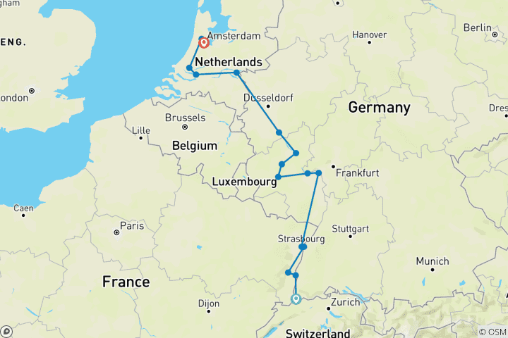 Carte du circuit Châteaux du Rhin et vignobles de la Moselle avec Amsterdam 2026 - 13 jours (including Zaandam)