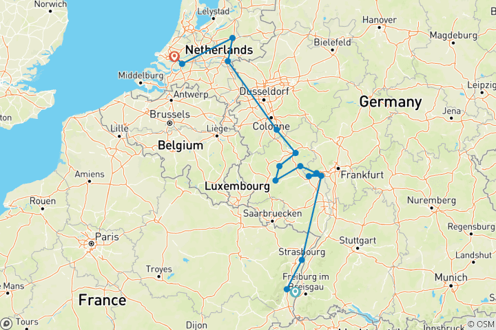 Carte du circuit Châteaux du Rhin et vignobles de la Moselle 2026 - 11 jours (from Breisach to Rotterdam)