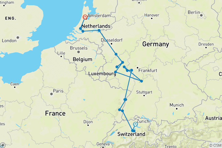 Kaart van Luzern - Zürich & Rijn Kastelen & Moezel Wijngaarden 2026 - 14 Dagen (van Zurich naar Zaandam)