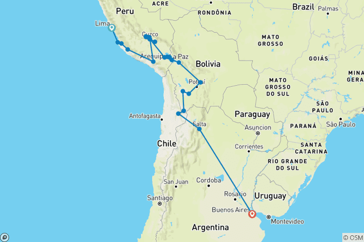 Map of Lima to Buenos Aires (With Inca Trail Trek)