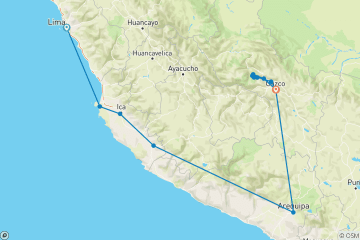 Kaart van Lima naar Cusco (Met Inca Trail Trek)