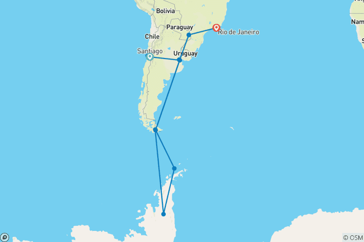 Mapa de Viaje a la Antártida con lo más destacado de Chile y Brasil Santiago → Río de Janeiro (2028)