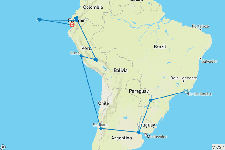 Carte du circuit Le meilleur de l'Amérique du Sud avec le train Belmond Andean Explorer et la croisière aux Galápagos Rio de Janeiro → Guayaquil (2028)