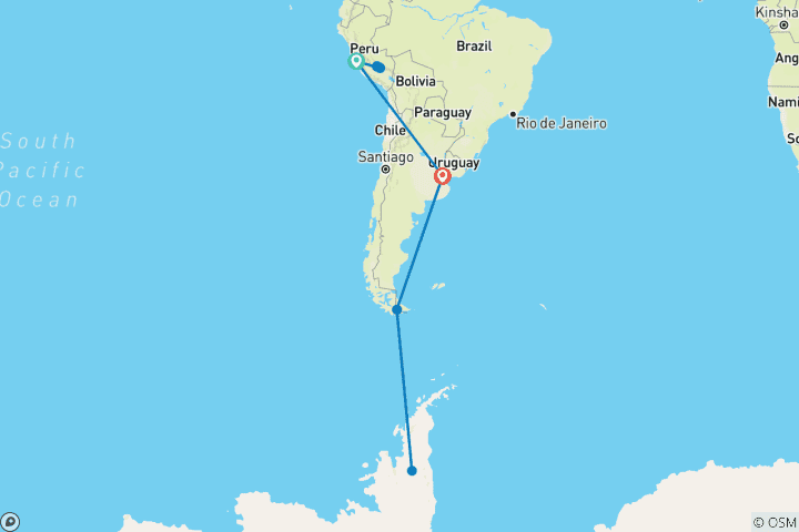 Kaart van Antarctische reis met Peru Lima → Buenos Aires (2028)