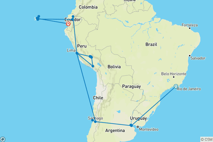 Carte du circuit Le meilleur de l'Amérique du Sud avec le train Belmond Andean Explorer et la croisière aux Galápagos Rio de Janeiro → Guayaquil (2027)