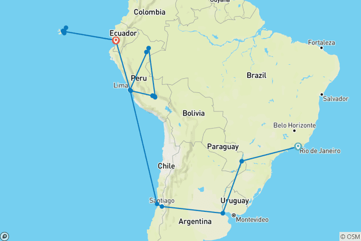 Carte du circuit Le meilleur de l'Amérique du Sud avec les croisières Amazone et Galápagos 2026 - Santiago à Guayaquil, 2027/28 - Rio de Janeiro à Guayaquil (2027)