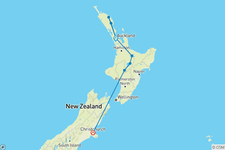 Map of New Zealand: Northern Choice (Southbound, 12 Days)