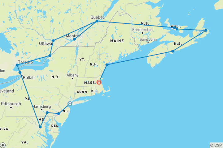 Karte von Ostkanada und USA mit New England Kreuzfahrt New York City → Boston (2027)