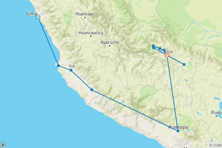 Kaart van Lima naar Cusco (met trein naar Machu Picchu)