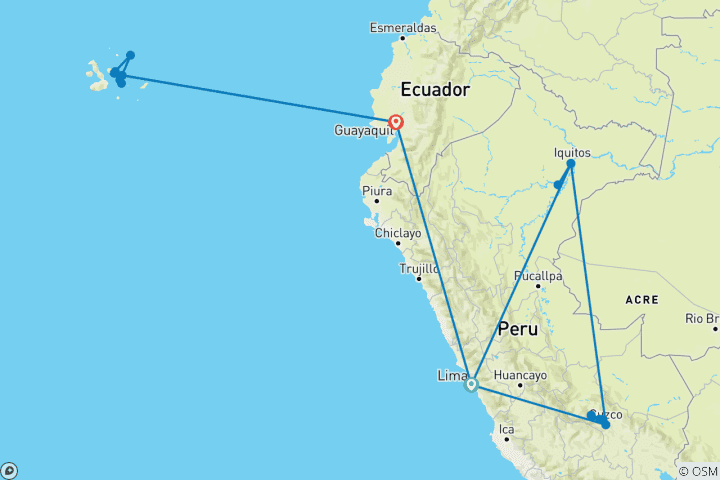 Map of Spirit of Peru with Amazon and Galápagos Cruises Lima → Guayaquil (2027)