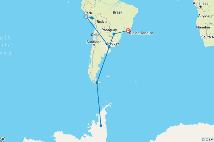 Map of Antarctic Voyage with South American Discovery Lima → Rio de Janeiro (2028)