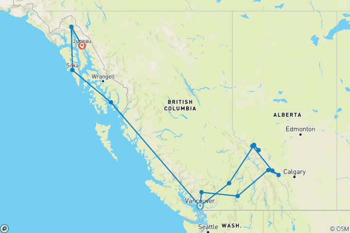 Mapa de Splendid Rockies and Alaskan Voyage Vancouver → Juneau (2027)