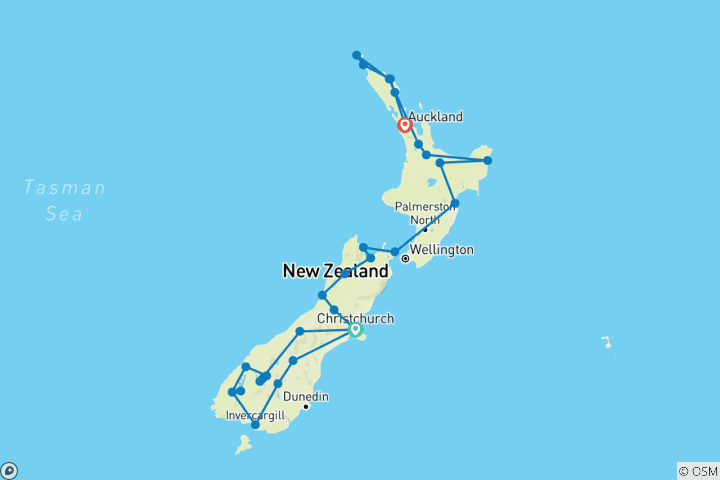 Carte du circuit Esprit de la Nouvelle-Zélande (petit groupe)