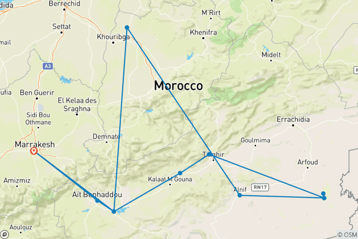 Map of Desert Tour from Marrakech – 5 Days / 4 Nights