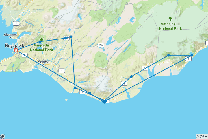 Kaart van Gouden Cirkel, zuidkust, ijsgrot & Jökulsárlón - 3 dagen