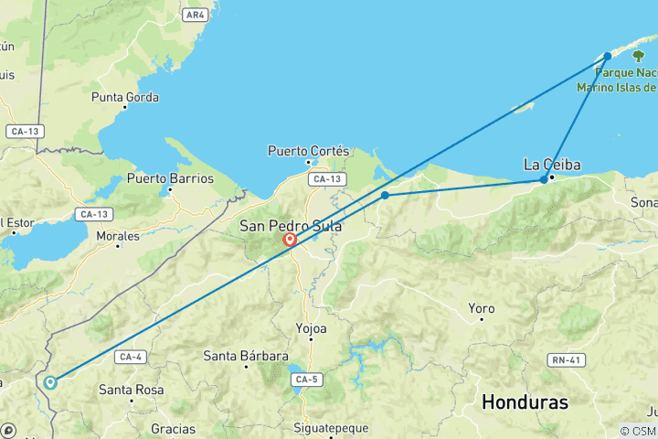Carte du circuit 9 jours Honduras Deluxe : Culture maya, jungle et Caraïbes