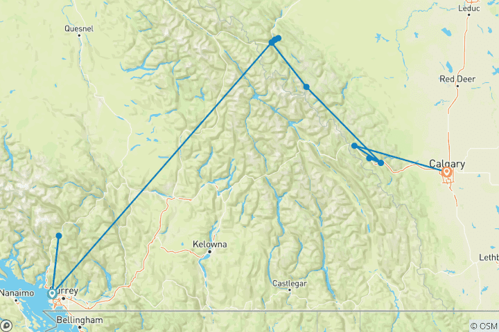 Mapa de Los Doce Días de Navidad Vancouver → Calgary (2027)