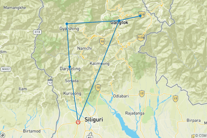 Carte du circuit L'Himalaya oriental, de Gangtok à Darjeeling