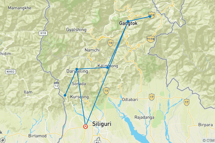 Karte von Östlicher Himalaya Highlights Tour