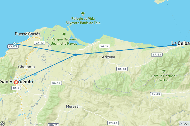 Carte du circuit Aventure atlantique de 6 jours au Honduras