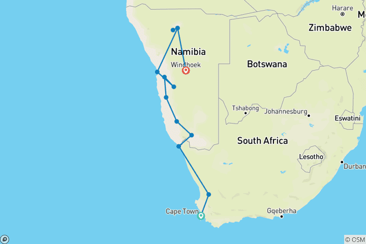 Karte von Mietwagenreise von Kapstadt nach Namibia (18 Tage)
