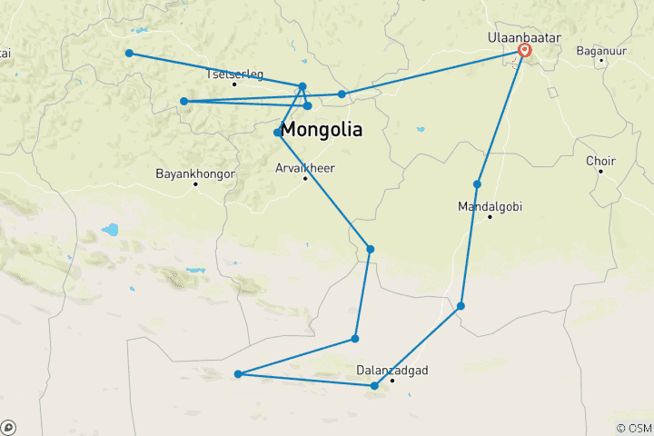 Carte du circuit Mongolie - vastes étendues, désert et vraie nature sauvage (18 jours)