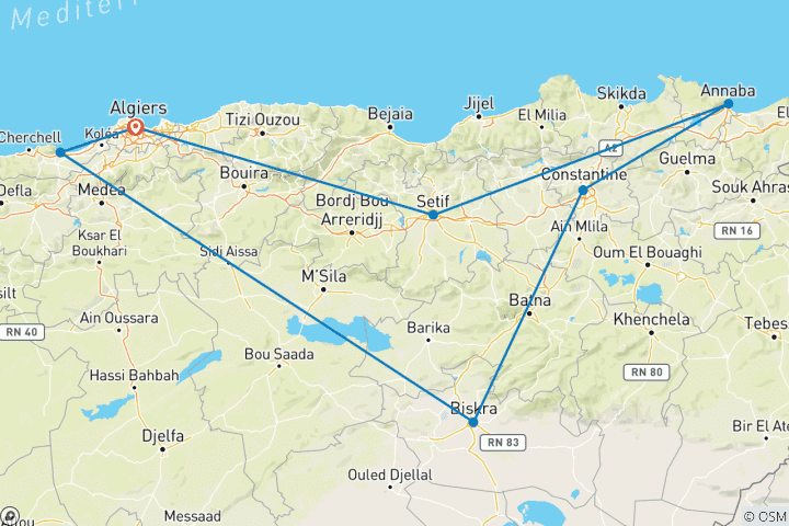Mapa de Viaje de 8 días al Norte y Este de Argelia