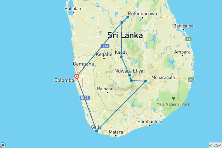 Carte du circuit Sri Lanka : vacances familiales haut de gamme