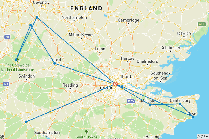 Carte du circuit Le meilleur de l'Angleterre : Londres, les villes historiques, les châteaux et la campagne - 7 jours