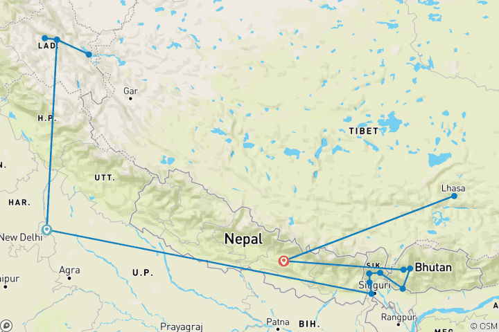 Map of India, Bhutan, Nepal & Tibet Experience