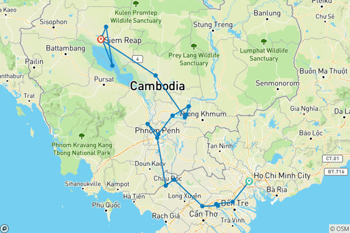 Mapa de Meandros por el Mekong y Crucero para Descubrir Templos