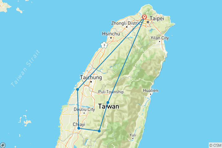 Carte du circuit Circuit privé de 3 jours avec hôtels standard : Lac Sun Moon, Parc forestier d'Alishan, Vieille ville de Lukang