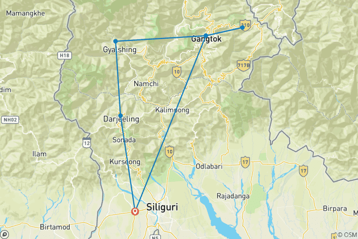 Karte von Sikkim mit Darjeeling Highlights