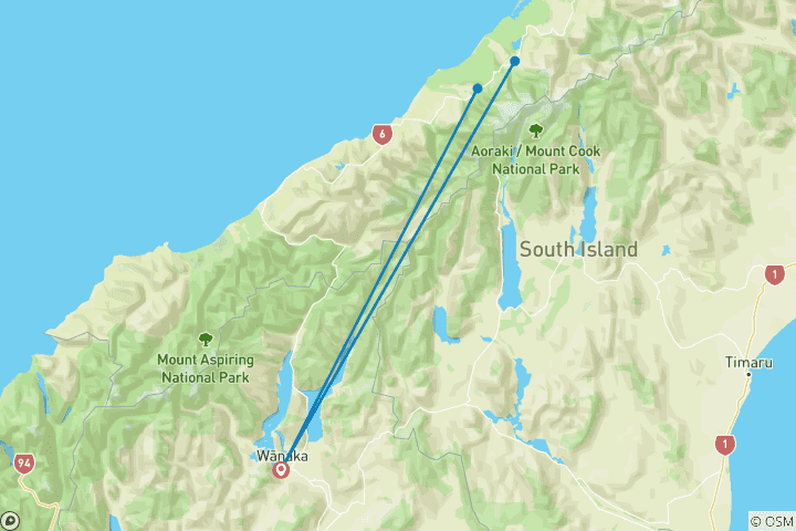 Carte du circuit 5 jours à Wanaka : Voyage épique vers les glaciers Fox et Franz Josef