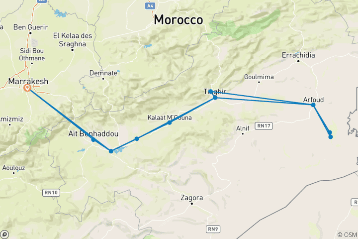 Map of Marrakech to Merzouga: 3-Day Sahara Desert Tour & Camel Trek