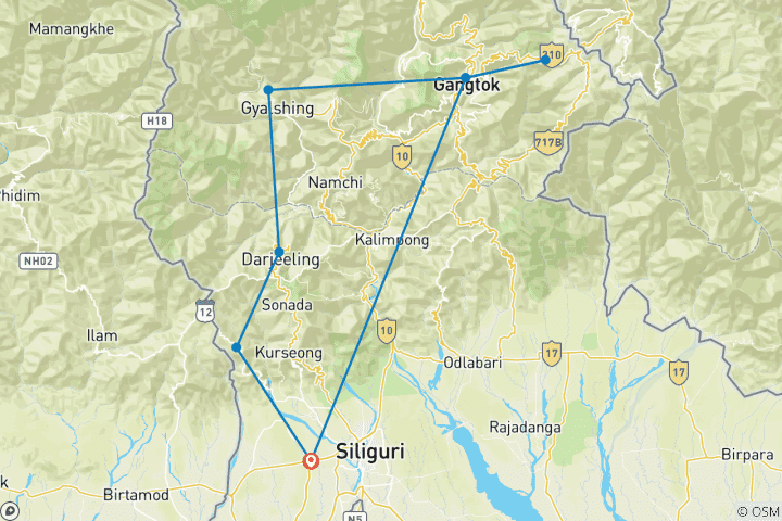 Carte du circuit Inde orientale Himalaya Darjeeling & Gangtok