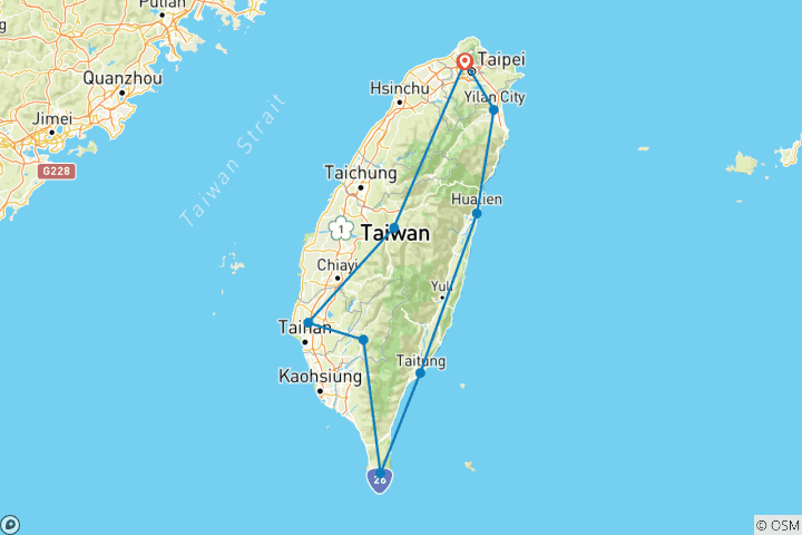 Carte du circuit Circuit de 8 jours autour de l'île de Taiwan avec hôtel standard à Taipei : Points d'intérêt de Taipei, lac Sun Moon, Tainan, Kenting, Hualien (arrivée le dimanche)