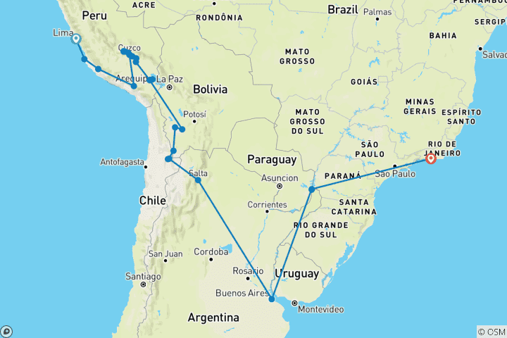Map of South America: Lima to Rio (With Inca Trail Trek)