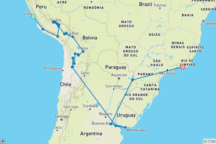 Carte du circuit Amérique du Sud : De Lima à Rio (avec le trek du Chemin de l'Inca)