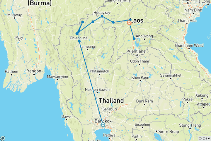 Mapa de De Bangkok a Luang Prabang