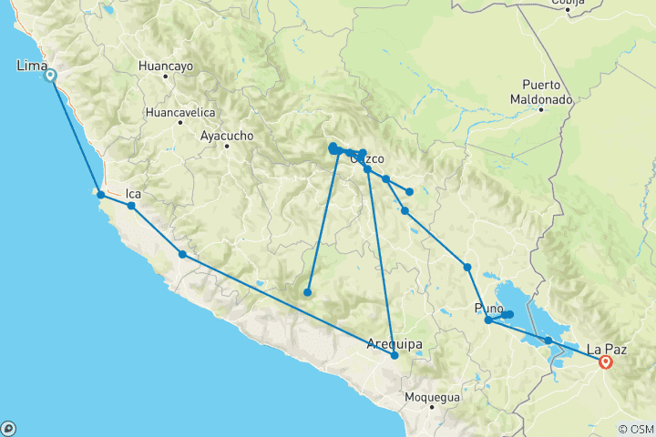 Carte du circuit De Lima à La Paz (avec le trek du Chemin de l'Inca)