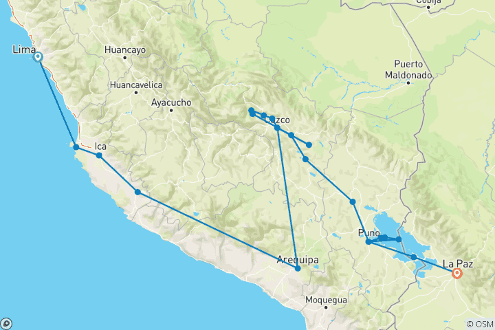 Carte du circuit De Lima à La Paz (avec le train pour le Machu Picchu)