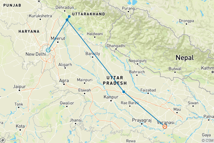 Carte du circuit Inde : De Delhi à Varanasi en train