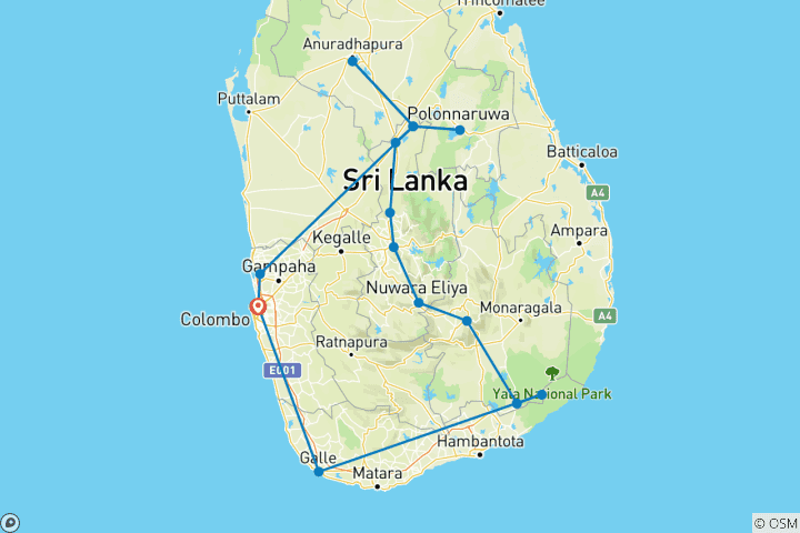 Karte von Südküste Sri Lankas - Rundreise