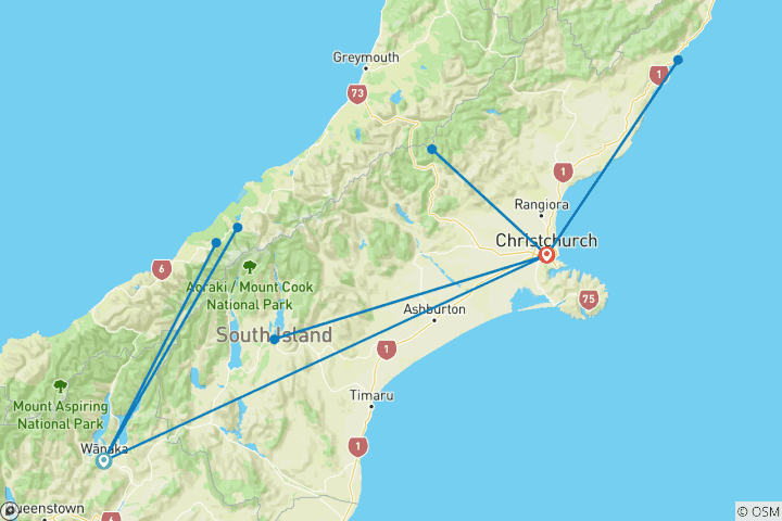 Carte du circuit 9 jours à Wanaka et Christchurch en bus : Franz Josef, Kaikoura et Arthur's Pass Adventure