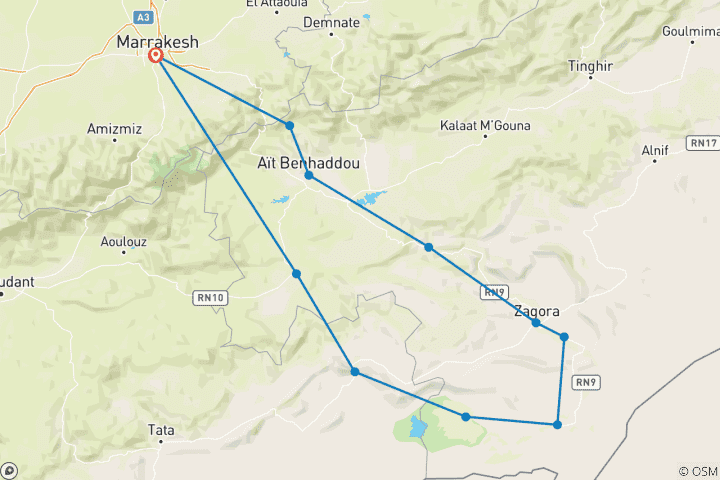 Carte du circuit CIRCUIT DE 4 JOURS DE MARRAKECH À L'ERG CHIGAGA